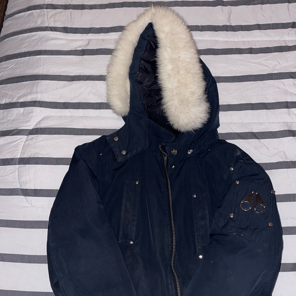 Navy blue designer fur hooded Winter coat